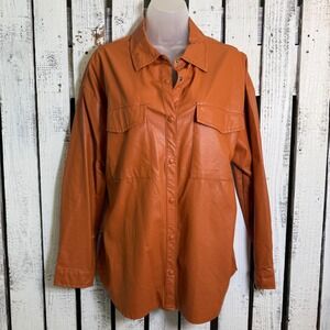No Comment Faux Leather Shirt Jacket Women Large Snap Tan‎ Long Sleeve Versatile